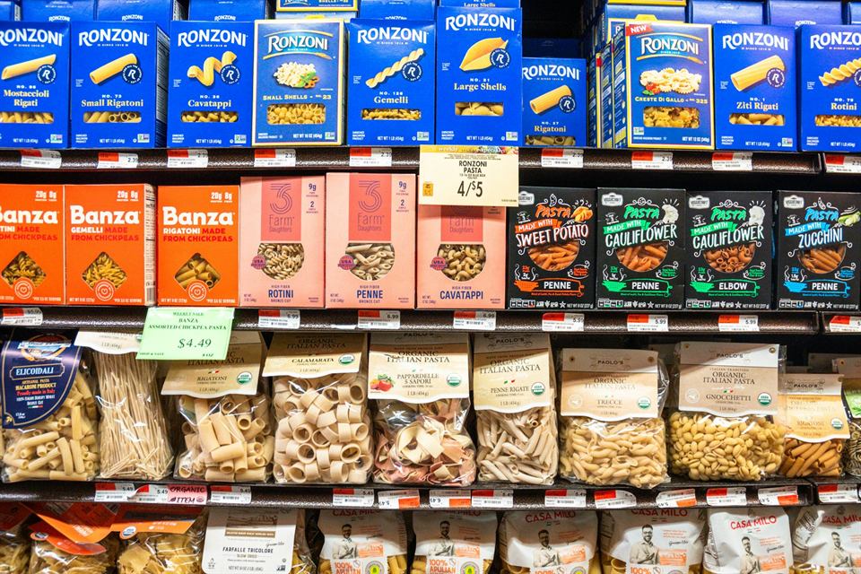 Packaged food products on a grocery shelf